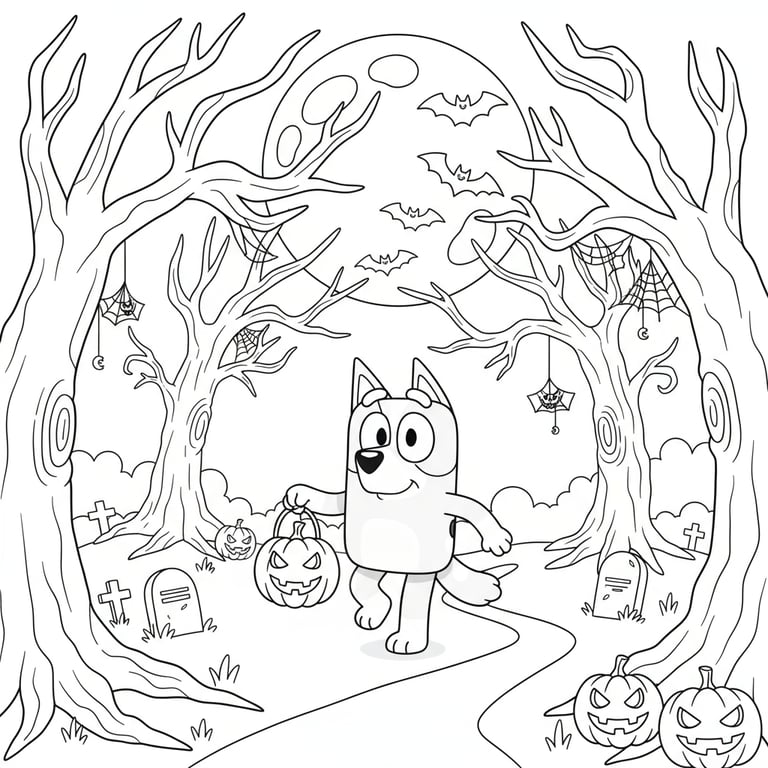Bluey holding Halloween lantern walking through spooky forest at night coloring page