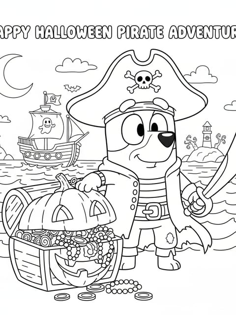 Dibujo para colorear de Bluey disfrazada de pirata con cofre del tesoro de calabaza para Halloween
