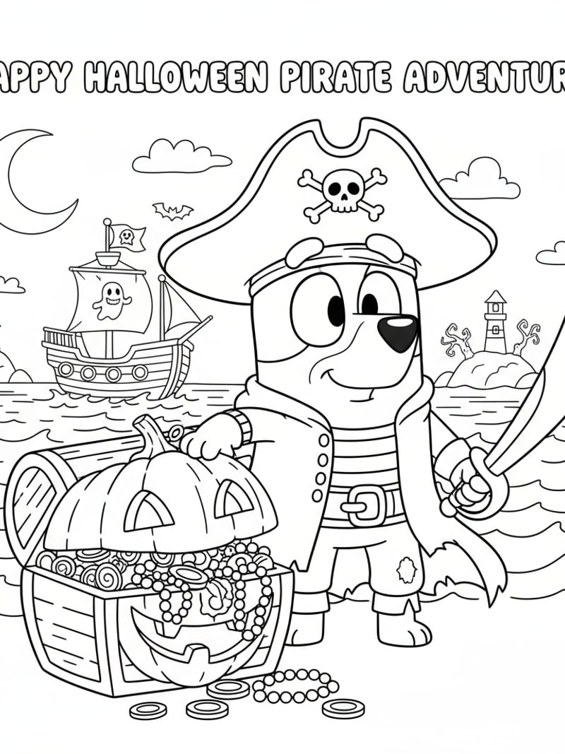 Bluey dressed as pirate with pumpkin treasure chest Halloween coloring page