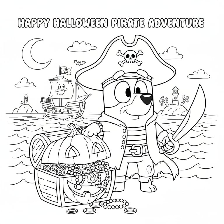 Bluey dressed as pirate with pumpkin treasure chest Halloween coloring page