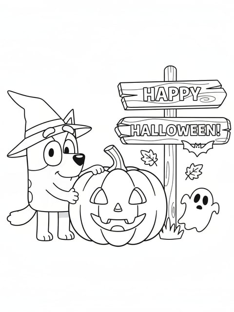 Dibujo imprimible de Bluey para Halloween con una calabaza grande y un cartel festivo