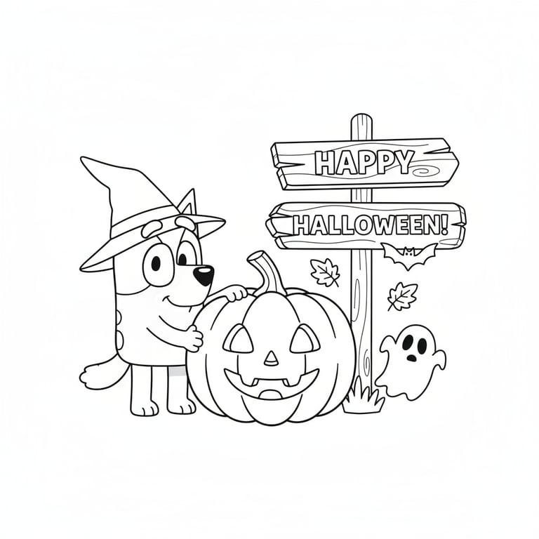 Printable Bluey Halloween coloring page with big pumpkin and Halloween sign