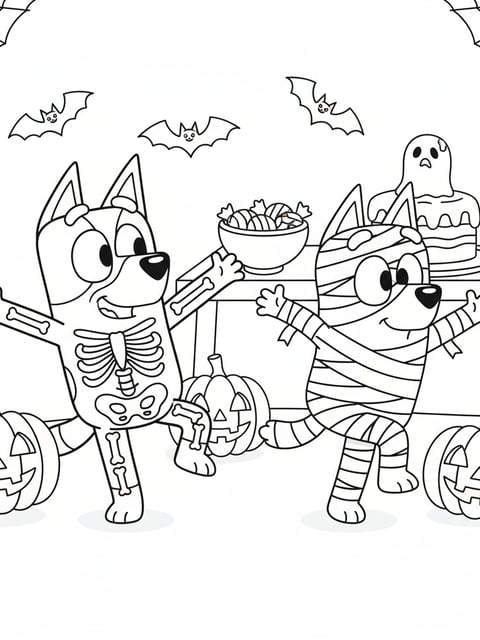 Dibujo para colorear de Bluey con disfraz de esqueleto bailando con Bingo disfrazada de momia