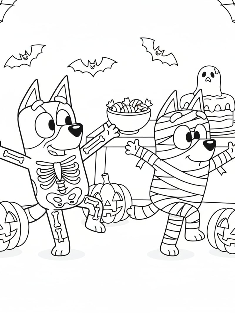 Bluey in skeleton costume dancing with Bingo dressed as mummy coloring page
