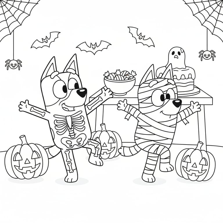 Bluey in skeleton costume dancing with Bingo dressed as mummy coloring page