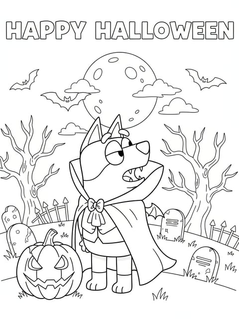 Dibujo para colorear de Bluey disfrazada de vampira aullando a la luna con murciélagos y tumbas