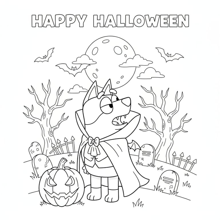 Bluey dressed as vampire howling at moon with bats and tombstones coloring page