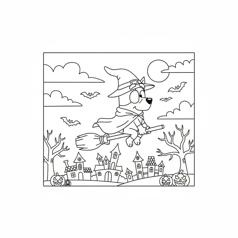 Bluey dressed as witch flying on broomstick over spooky Halloween night sky coloring page