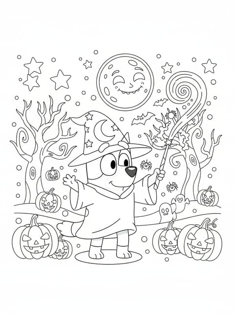 Dibujo para colorear de Bluey con disfraz de maga lanzando un hechizo de Halloween entre estrellas y calabazas