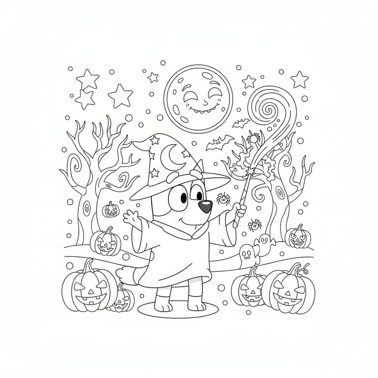 Bluey in wizard costume casting Halloween spell with stars and pumpkins coloring page