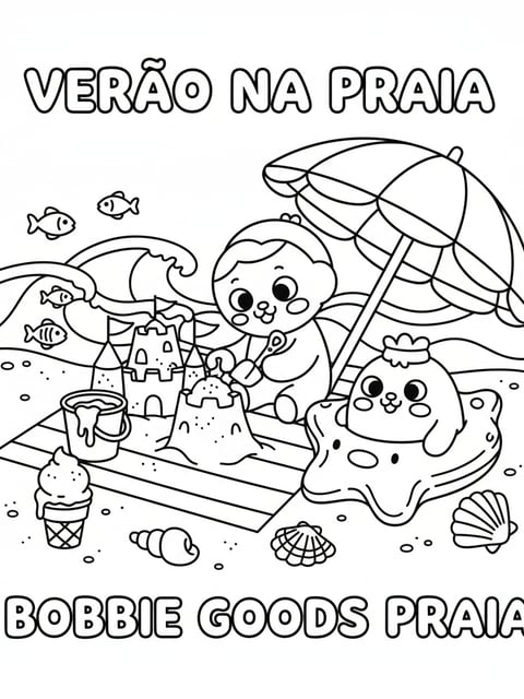 Bobbie building sandcastle beach Momo float shells umbrella ice cream waves coloring page