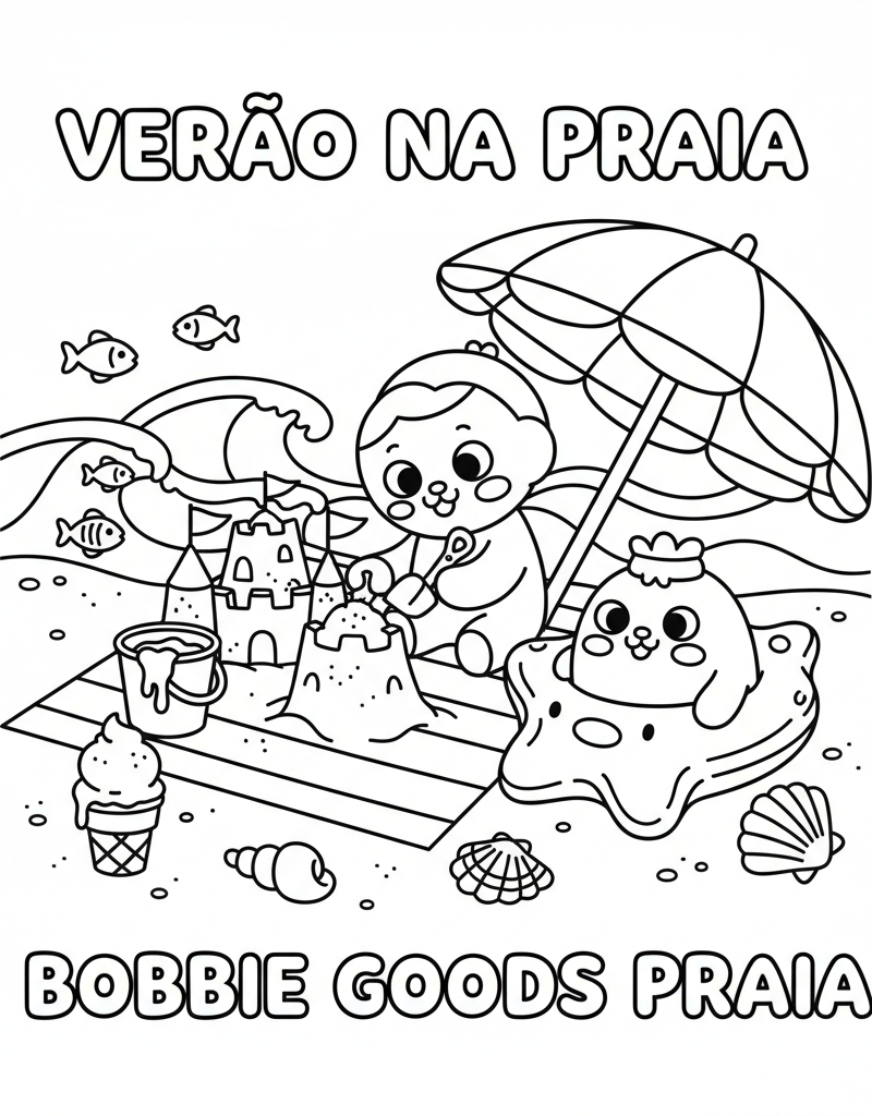 Bobbie building sandcastle beach Momo float shells umbrella ice cream waves coloring page