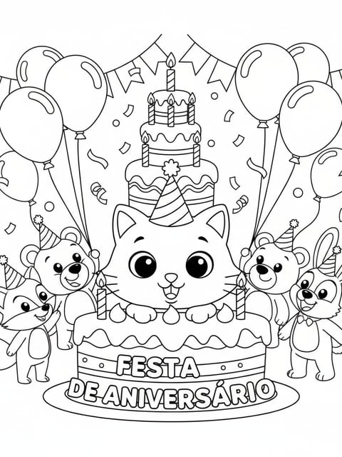 Bobbie birthday party tall cake balloons party hats candles animal friends coloring page