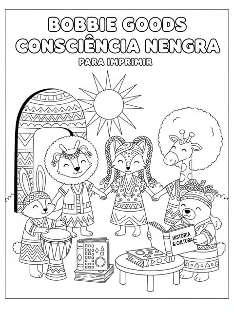 Bobbie Goods cultural celebration animal characters braids afro geometric patterns books drum hands coloring page