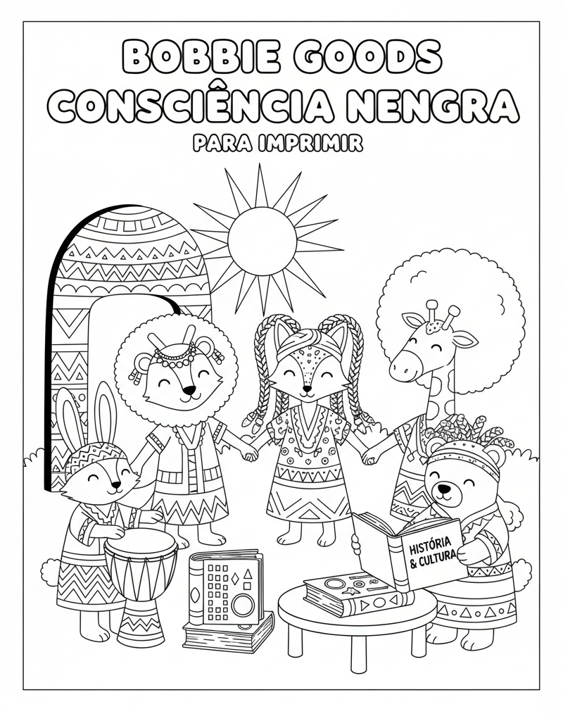 Bobbie Goods cultural celebration animal characters braids afro geometric patterns books drum hands coloring page
