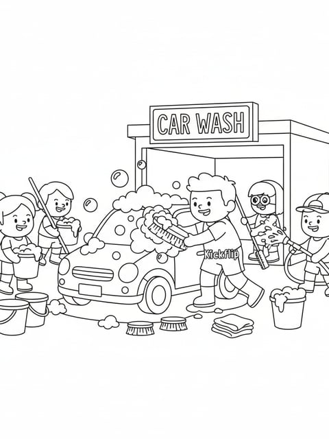 Kickflip car wash scrubbing car foam buckets brushes friends helping coloring page