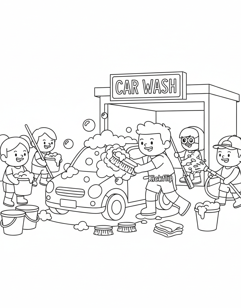 Kickflip car wash scrubbing car foam buckets brushes friends helping coloring page