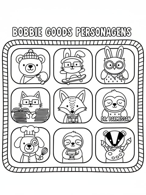 Bobbie Goods character portraits Bobbie Momo Kickflip Dr Parmesan accessories frames coloring page