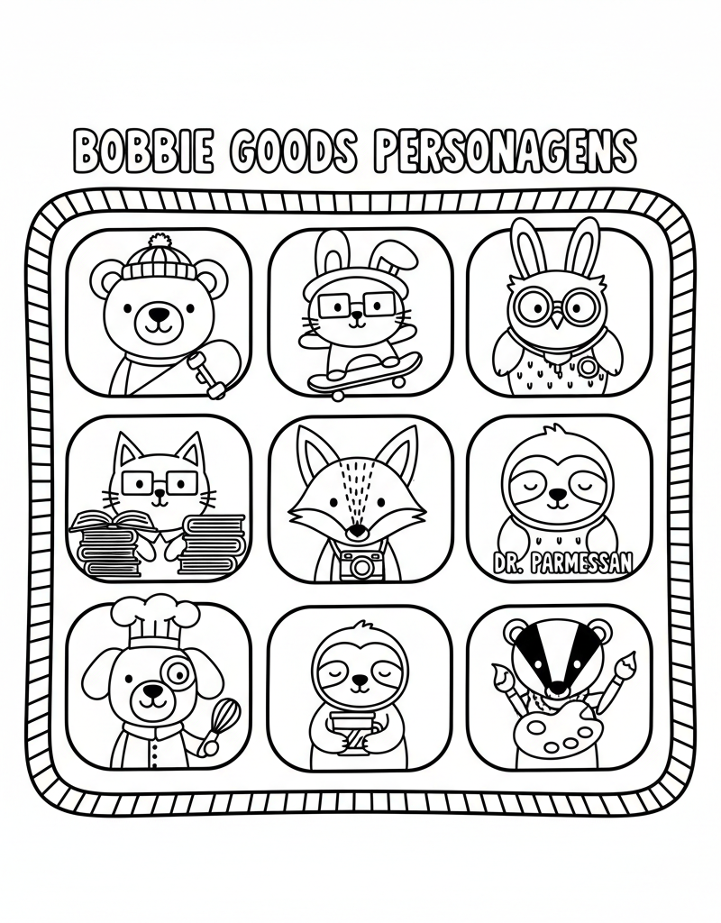 Bobbie Goods character portraits Bobbie Momo Kickflip Dr Parmesan accessories frames coloring page