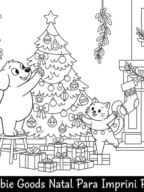 Bobbie Kickflip decorating Christmas tree ornaments presents fireplace stocking garlands coloring page