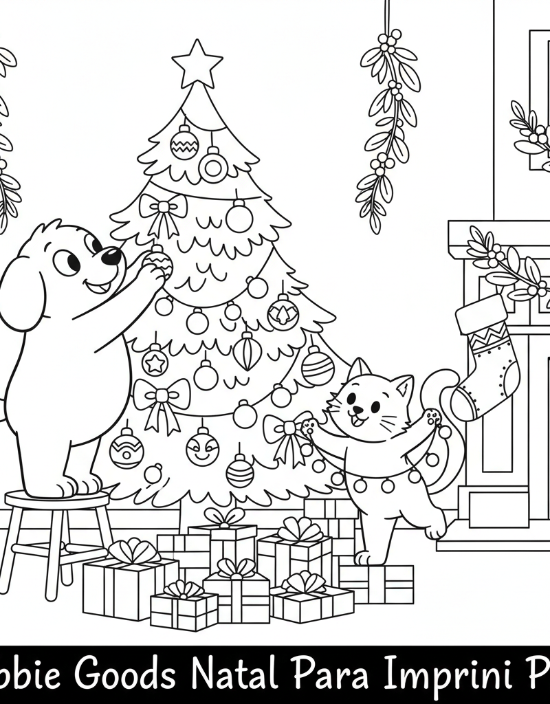 Bobbie Kickflip decorating Christmas tree ornaments presents fireplace stocking garlands coloring page