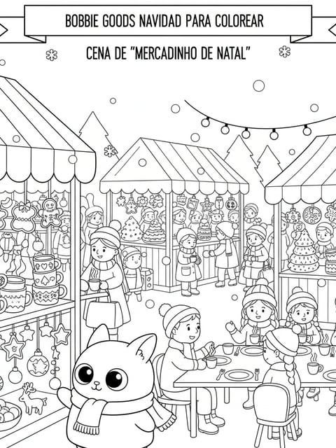 Momo Christmas market cookie stalls mugs snow ornaments shopping coloring page