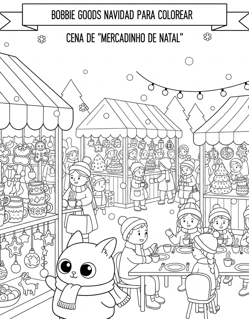 Momo Christmas market cookie stalls mugs snow ornaments shopping coloring page