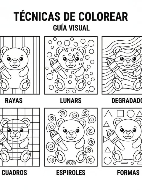 Bobbie Goods coloring techniques visual guide bear panels stripes dots gradient practice coloring page