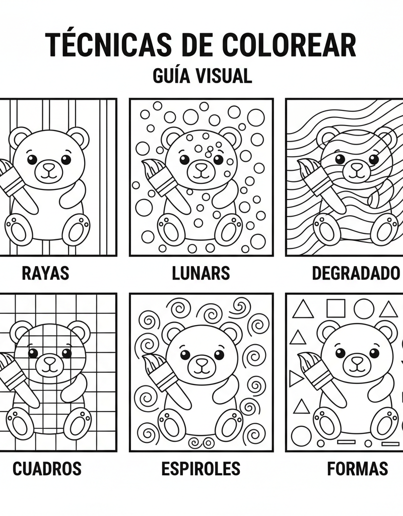 Bobbie Goods coloring techniques visual guide bear panels stripes dots gradient practice coloring page