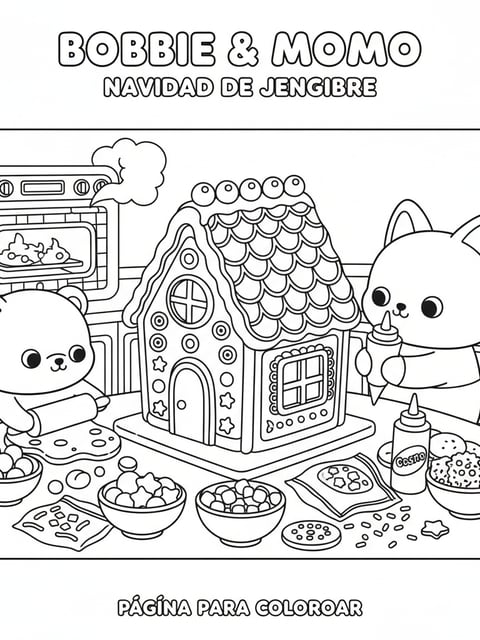 Bobbie Momo making gingerbread house kitchen icing candy rolling pin bowls coloring page