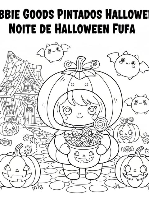 Bobbie Halloween costume smiling pumpkins bats candies house spider web coloring page
