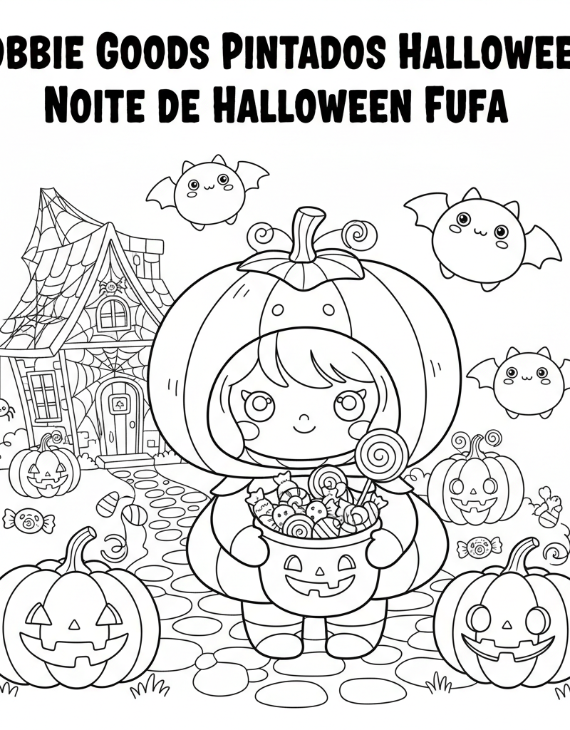 Bobbie Halloween costume smiling pumpkins bats candies house spider web coloring page