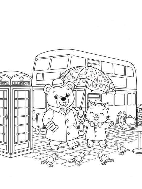Bobbie Momo London double-decker bus phone booth umbrella pigeons afternoon tea coloring page