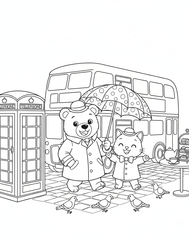 Bobbie Momo London double-decker bus phone booth umbrella pigeons afternoon tea coloring page