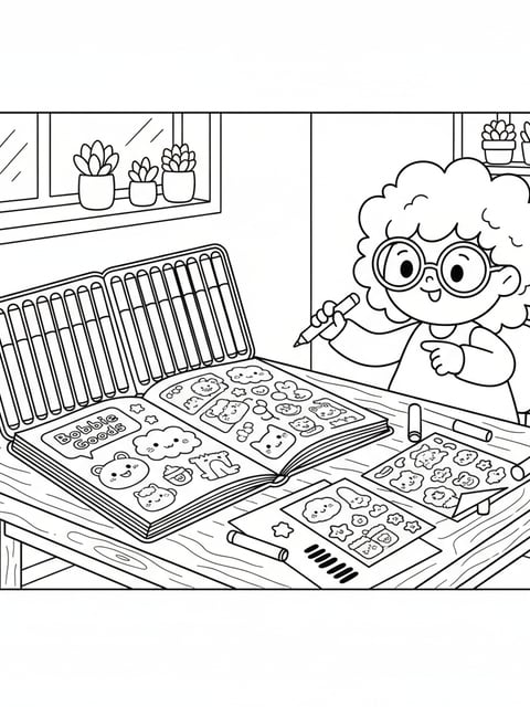 Bobbie art desk markers color swatches open pages cute stickers choosing colors coloring page