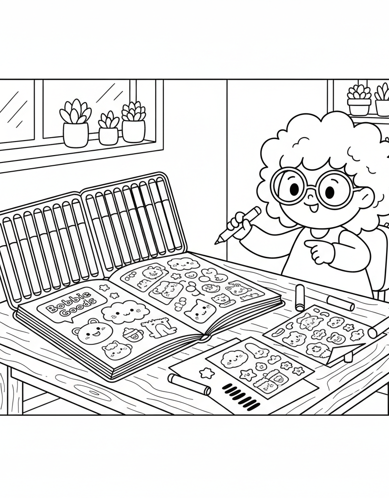 Bobbie art desk markers color swatches open pages cute stickers choosing colors coloring page