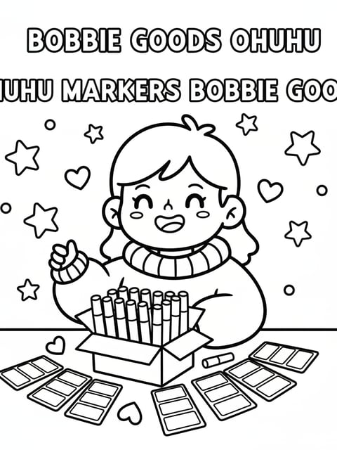 Bobbie happy unboxing marker kit color palette cards organized desk stars hearts coloring page