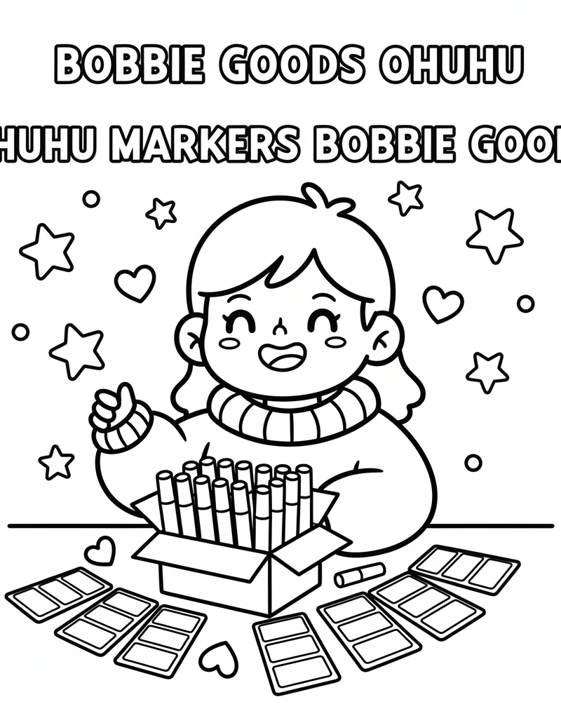 Bobbie happy unboxing marker kit color palette cards organized desk stars hearts coloring page