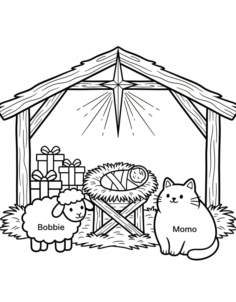 Bobbie Momo nativity scene manger star sky straw simple gifts coloring page