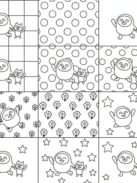Bobbie Momo patterns checkered dots flowers stars repeated poses wallpaper coloring page