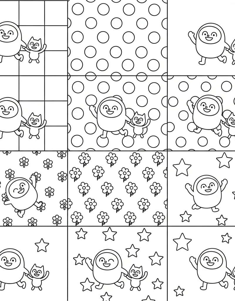 Bobbie Momo patterns checkered dots flowers stars repeated poses wallpaper coloring page