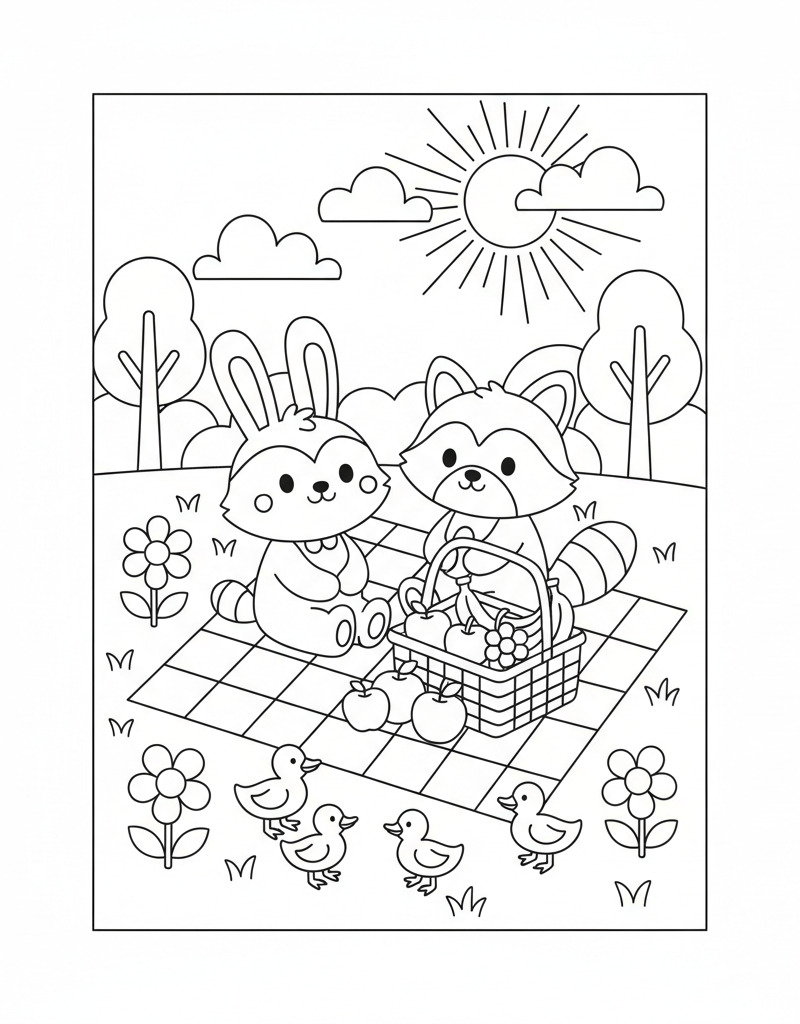 Bobbie and Momo picnic sunset park fruit basket checkered blanket flowers ducks coloring page