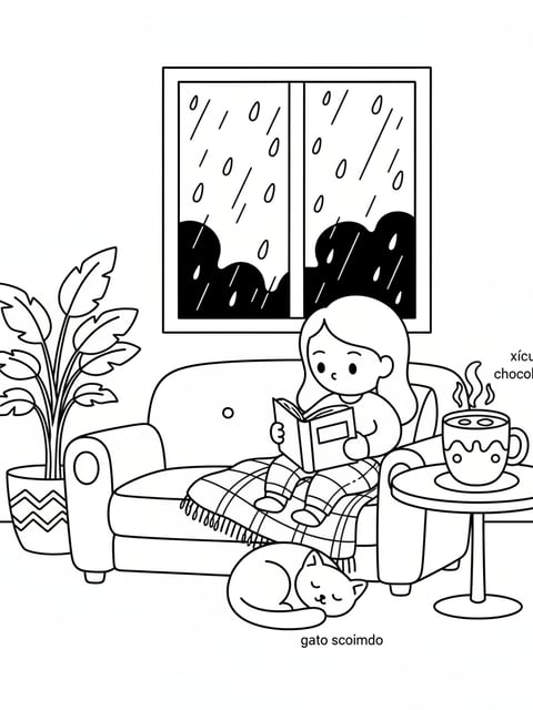 Bobbie reading sofa rainy day hot chocolate blanket window raindrops cat sleeping coloring page