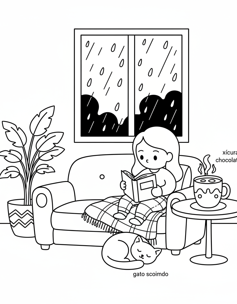 Bobbie reading sofa rainy day hot chocolate blanket window raindrops cat sleeping coloring page