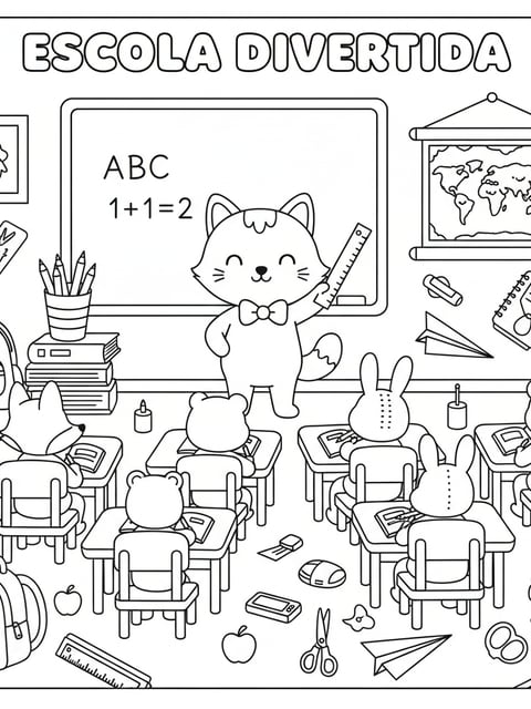 Teacher Bobbie classroom blackboard books pencils map animal students desks coloring page
