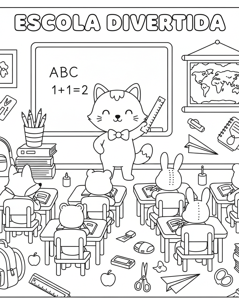 Teacher Bobbie classroom blackboard books pencils map animal students desks coloring page