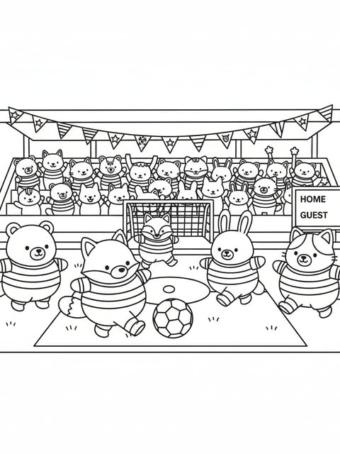 Soccer game animal players field bleachers flags ball scoreboard coloring page