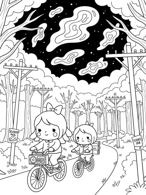 Bobbie Momo 80s mystery night bicycles strange lights sky forest radio posters coloring page