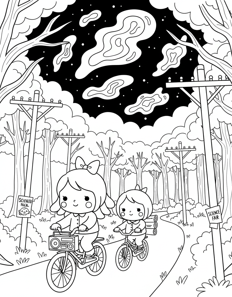 Bobbie Momo 80s mystery night bicycles strange lights sky forest radio posters coloring page