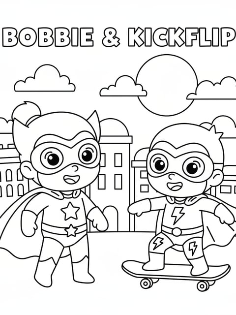 Bobbie Kickflip superhero costumes cape mask cute city background coloring page